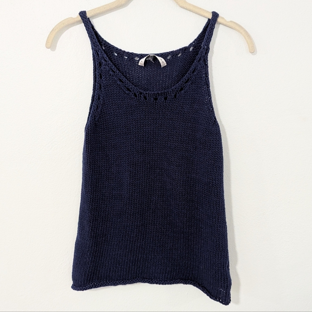 Trina Turk Open Knit Crochet Tank Top Sleeveless Scoop Neck Navy Blue Small S